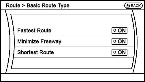 current Route - Route Settings - Basic Route Type screen