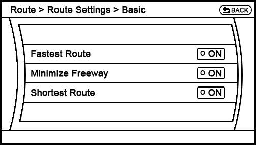 proposed Route - Route Settings, Basic Route Settings screen