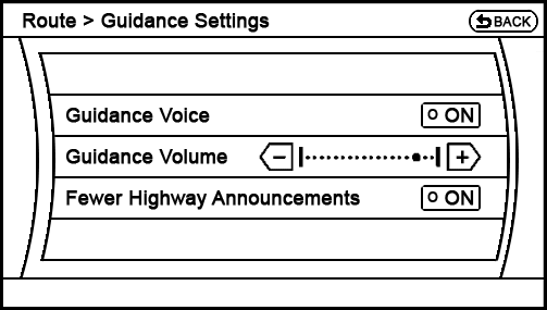 proposed Route - Guidance Settings screen
