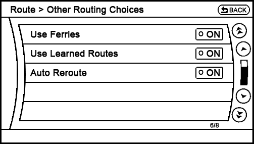 current Route - Route Settings - Other Routing Choices menu