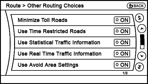 current Route - Route Settings - Other Routing Choices menu