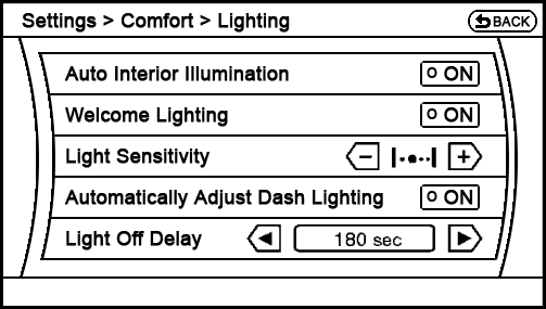 proposed Settings - More - Comfort - Lighting screen