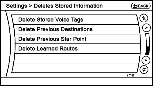 current Settings - Navigation - Deletes Stored Information menu