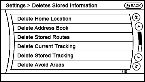 current Settings - Navigation - Deletes Stored Information menu