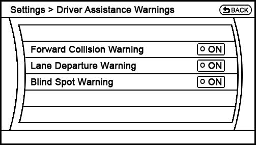 current Settings - Driver Assistance - Driver Assistance Warnings screen