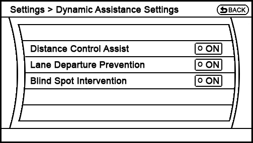 current Settings - Driver Assistance - Dynamic Assistance Settings screen