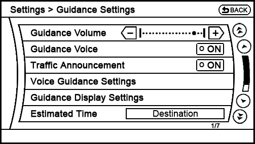 current Settings - Navigation - Guidance Settings menu