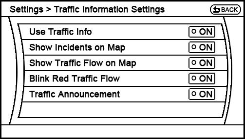 current Settings - Navigation - Traffic Info Settings menu