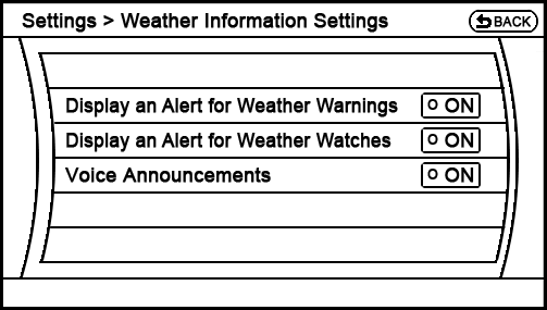 current Settings - Navigation - Weather Settings menu
